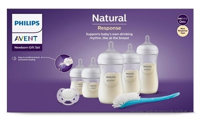 AVENT Novorodenecká SADA Natural Response plastová fľaša 5x (2x125 ml, 0m+; 2x260 ml, 1m+; 1x330 ml, 3m+) 1xcumlík, 1xkefka, 1x1 set