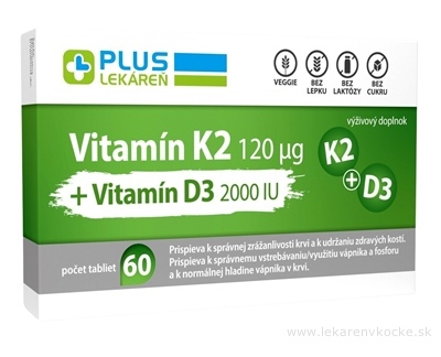 PLUS LEKÁREŇ Vitamín K2 120 μg +Vitamín D3 2000 IU tbl 1x60 ks