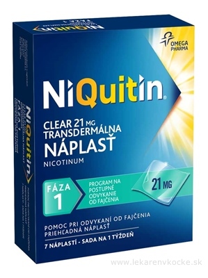 NiQuitin CLEAR 21 mg/24 h emp tdm (vre.PET/LDPE/Al/adhezív.vrstva/acrylonitril kopolymér) 1x7 ks