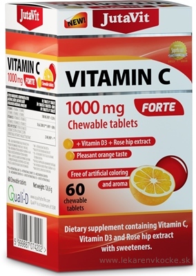 JutaVit Vitamín C 1000 mg FORTE žuvacie tablety s vitamínom D3 a extraktom zo šípok, so sladidlami, s príchuťou pomaranča 1x60 ks