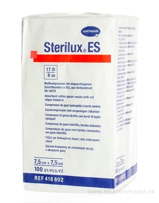 STERILUX ES kompres nesterilný so založenými okrajmi 17 vlákien 8 vrstiev (7,5x7,5 cm) 1x100 ks