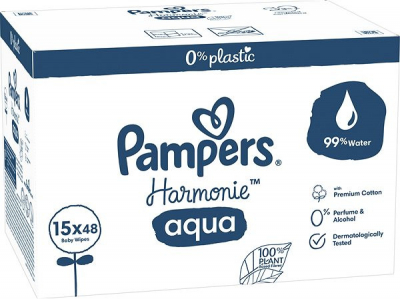 PAMPERS Harmonie Aqua vlhčené obrúsky Plastic Free 15x48 ks = 720 ks 